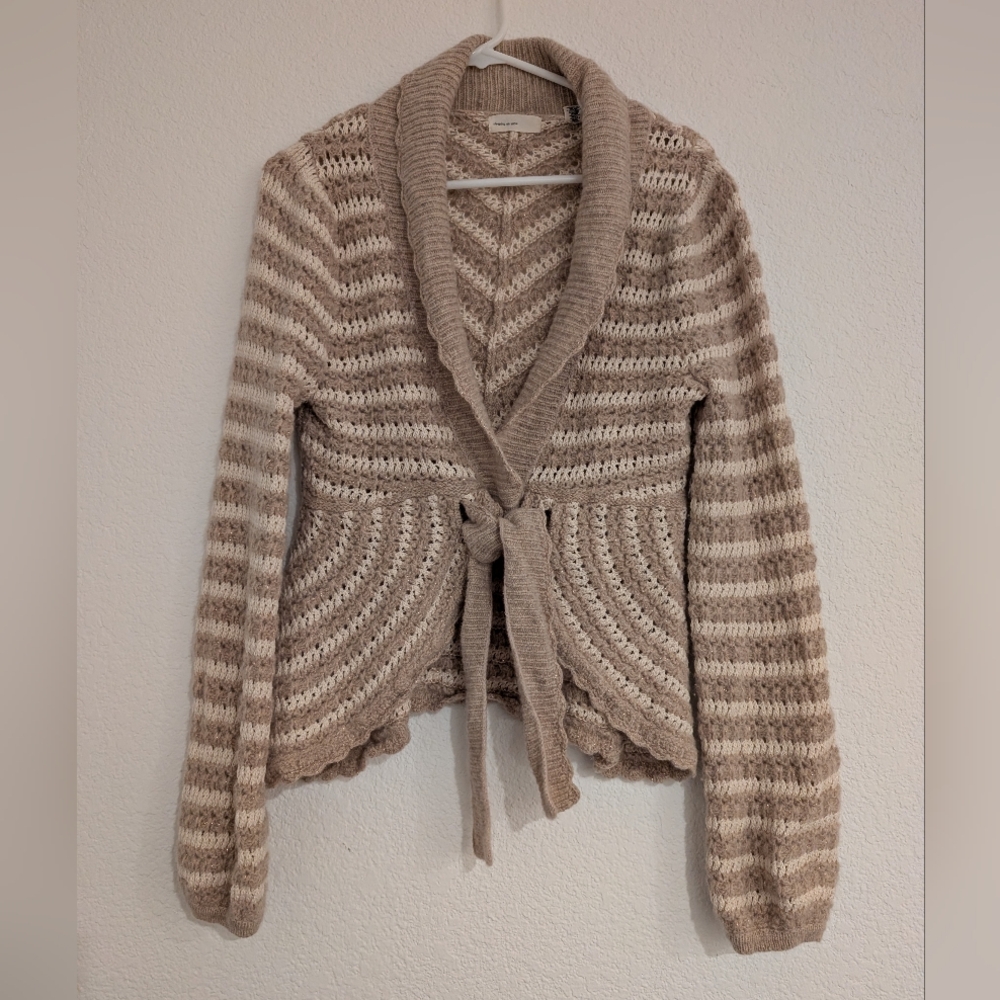 Chunky Shawl Collar Tie-Front Cardigan Sweater - Cream & Tan